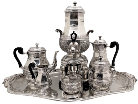 Tetard French Sterling Silver 7-Piece Art Deco Tea Coffee Set with Tray & Kettle