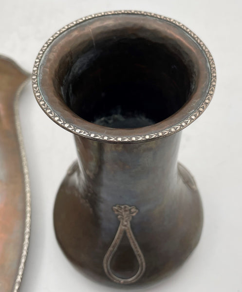 A. E. Jones Copper & Silver Pair of Vases and Tray in Arts & Crafts Style