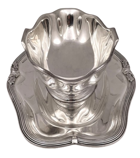 Emile Puiforcat French Sterling Silver Gravy Sauce Boat & Underplate in Art Deco Style