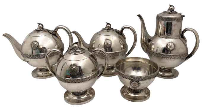 E. V. Haughwout & Co. White House Silver Helmet Medallion 5-Piece 19th Century Tea & Coffee Set