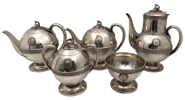 E. V. Haughwout & Co. White House Silver Helmet Medallion 5-Piece 19th Century Tea & Coffee Set