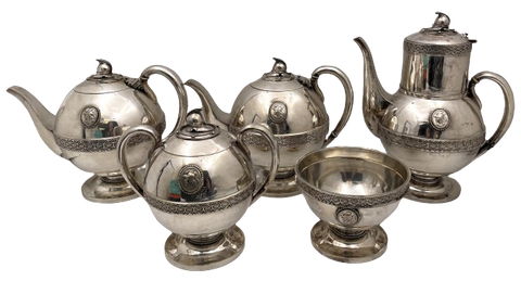 E. V. Haughwout & Co. White House Silver Helmet Medallion 5-Piece 19th Century Tea & Coffee Set