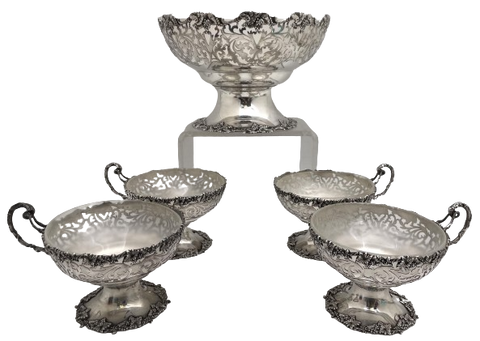 Walker & Hall English Sterling Silver & Glass 1930 Punch Bowl Set with 4 Cups