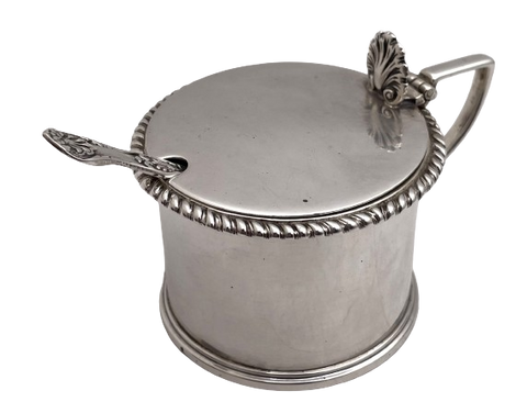 English Sterling Silver 1890 Victorian Mustard Pot with Glass Liner and Spoon