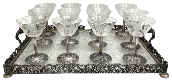 German Continental Silver & Etched Glass Set of 12 Sherbert Cups on a Gallery Tray from Late 19th Century