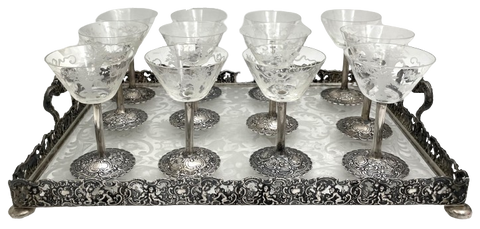 German Continental Silver & Etched Glass Set of 12 Sherbert Cups on a Gallery Tray from Late 19th Century