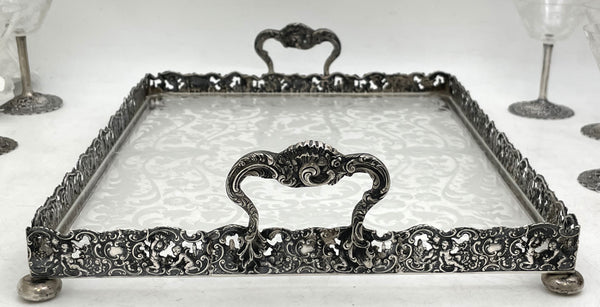 German Continental Silver & Etched Glass Set of 12 Sherbert Cups on a Gallery Tray from Late 19th Century