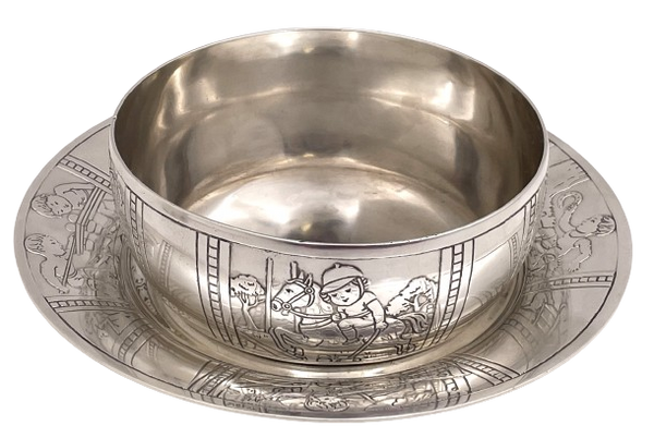 Tiffany & Co. Sterling Silver Child Bowl & Underplate with Boys Playing Sports