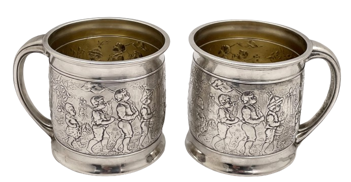 Gorham Pair of Sterling Silver Children/ Christening Mugs with Marching Children