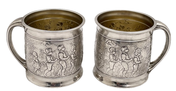 Gorham Pair of Sterling Silver Children/ Christening Mugs with Marching Children