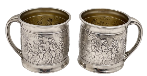 Gorham Pair of Sterling Silver Children/ Christening Mugs with Marching Children