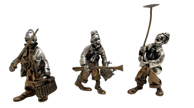 Italian Silver & Mixed Metal Set of 3 Realistic Circus Clowns from Mid-20th Century