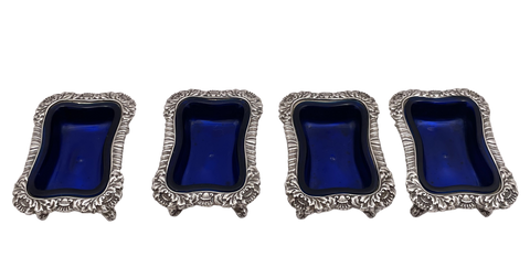 Tiffany & Co. Set of 4 Sterling Silver 1879 Open Salt Cellars with Blue Liners