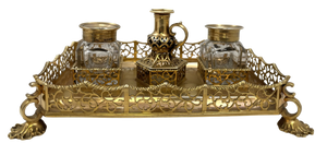 English Gilt Sterling Silver 1844 Victorian Inkstand with 2 Inkwells