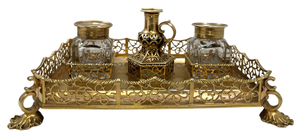 English Gilt Sterling Silver 1844 Victorian Inkstand with 2 Inkwells