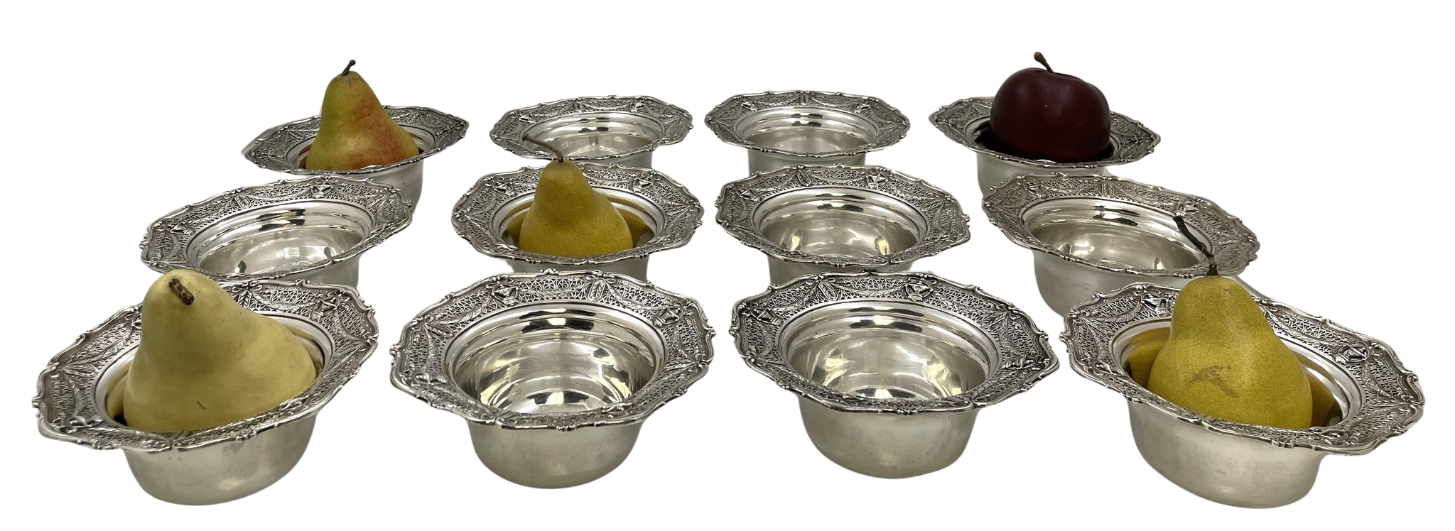Shreve & Co. Set of 12 Sterling Silver Dessert Bowls in Adam Pattern