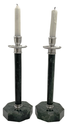 Pair of Yamanaka Rare Spanish Jade and Sterling Silver Candlesticks