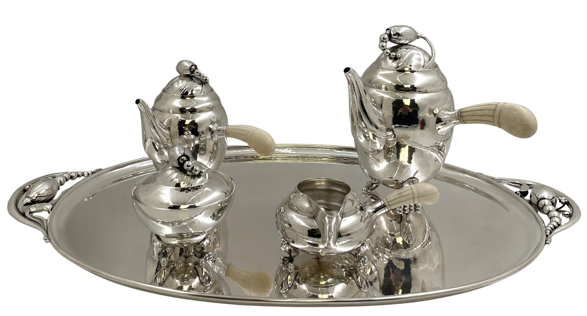 Georg Jensen Sterling Silver Hammered 5-Piece Tea & Coffee Set on Tray in Blossom Pattern