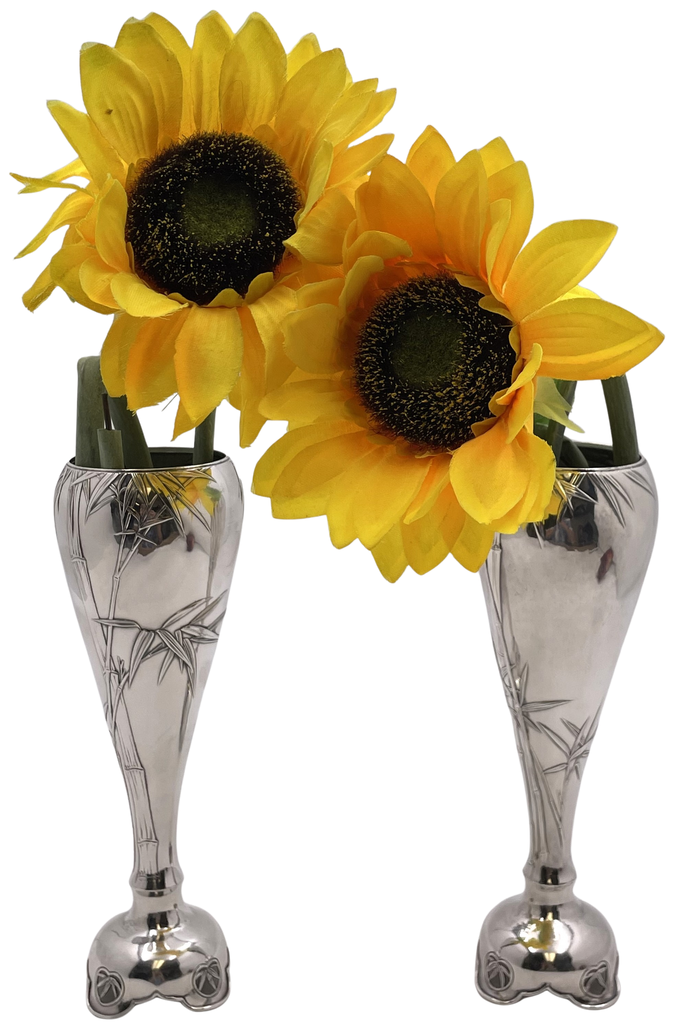 Pair of Arthur & Bond Japanese Sterling Silver Vases with Bamboo Motifs from Late 19th Century