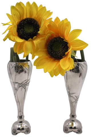 Pair of Arthur & Bond Japanese Sterling Silver Vases with Bamboo Motifs from Late 19th Century