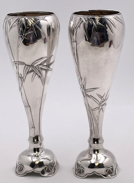 Pair of Arthur & Bond Japanese Sterling Silver Vases with Bamboo Motifs from Late 19th Century