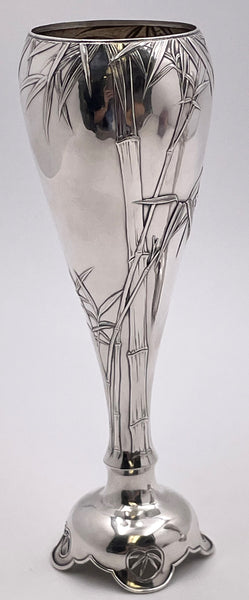 Pair of Arthur & Bond Japanese Sterling Silver Vases with Bamboo Motifs from Late 19th Century