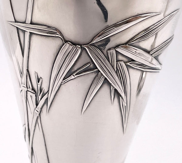 Pair of Arthur & Bond Japanese Sterling Silver Vases with Bamboo Motifs from Late 19th Century