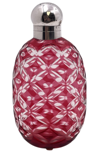English Sterling Silver & Cranberry Cut Glass 1902 Flask