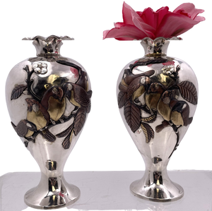 Sanju Saku Pair of Japanese Mixed Metal Sterling Silver Vases with Applied Motifs