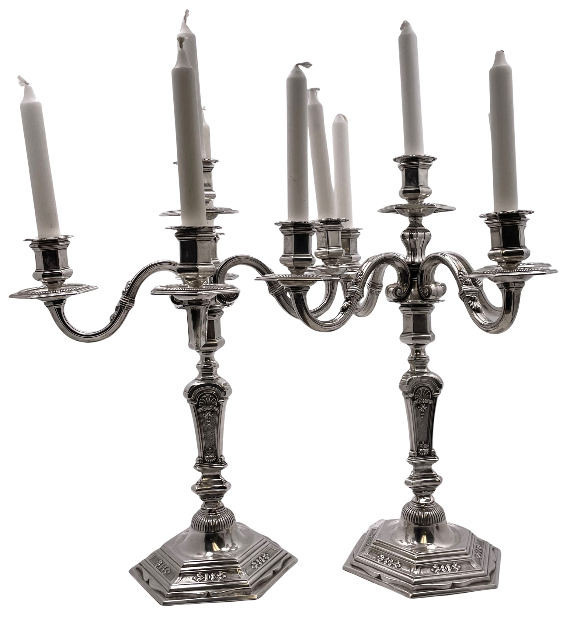 Pair of European Continental Silver 5-Light Candelabra from Late 19th or Early 20th Century