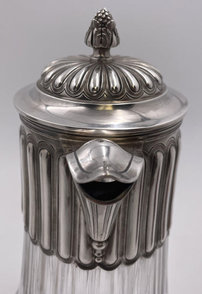 Pair of French Sterling Silver and Cut Glass Carafes/ Pitchers from Late 19th Century
