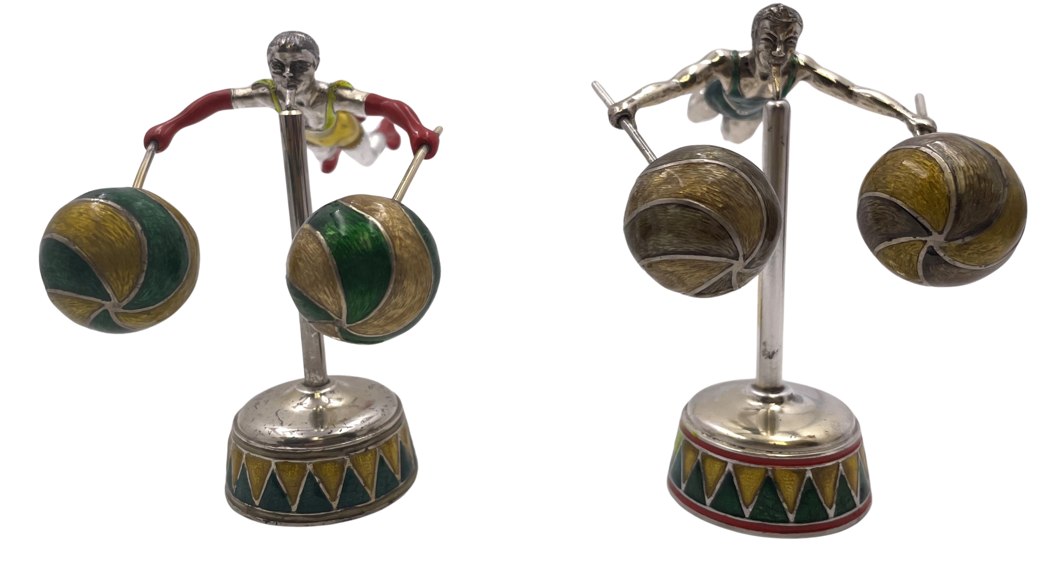 Tiffany & Co. Sterling Silver and Enamel Set of 2 Acrobatic Circus Figurines on Plinths by Gene Moore