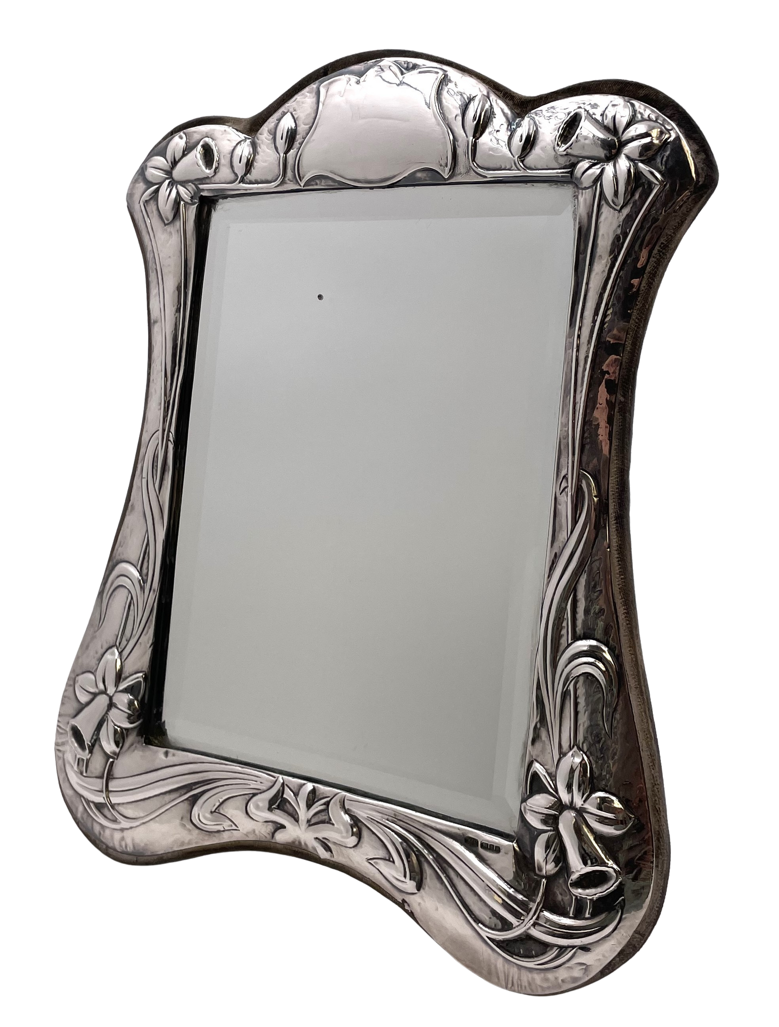 English Sterling Silver Dresser Mirror in Art Nouveau Style with Felt Back
