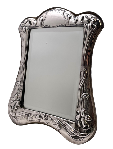 English Sterling Silver Dresser Mirror in Art Nouveau Style with Felt Back