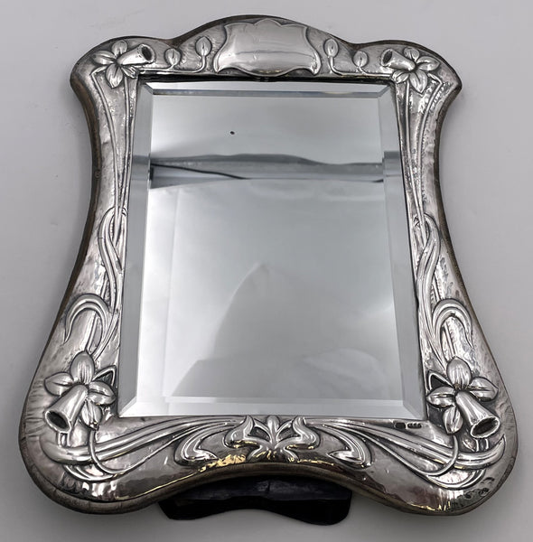 English Sterling Silver Dresser Mirror in Art Nouveau Style with Felt Back