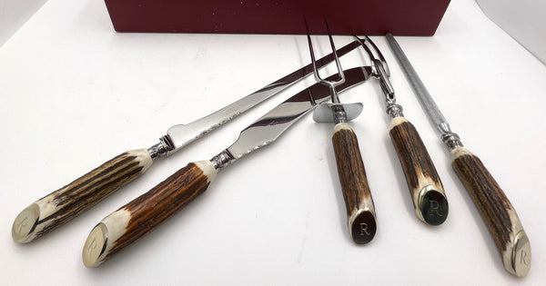 Asprey 3-Tiered Fitted Boxed 29-Piece Set of Antler-Handled Steak and Carving Set in New Condition
