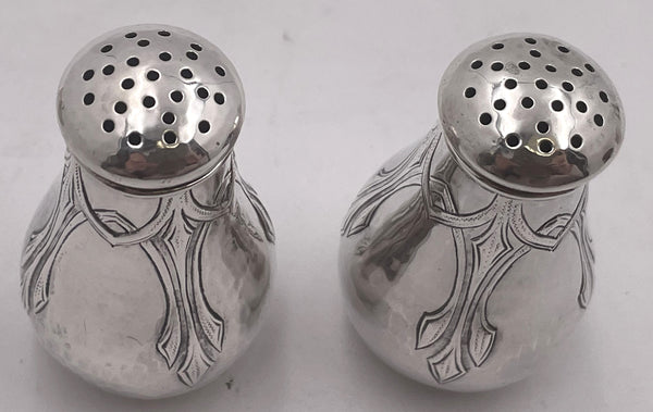 Lebolt Pair of Sterling Silver Hammered Salt & Pepper Shakers in Arts & Crafts Style