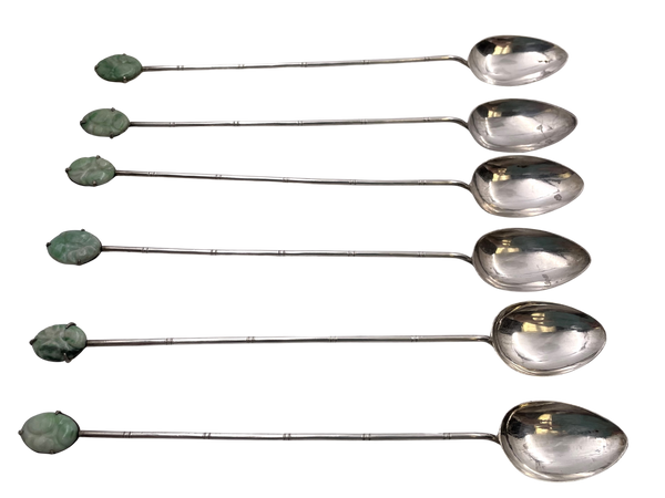 Set of 6 Asian Silver and Jade Dessert Spoons