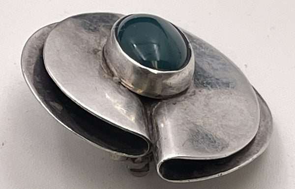 Pair of Mexican Sterling Silver & Green Stone Earrings in Mid-Century Modern Style