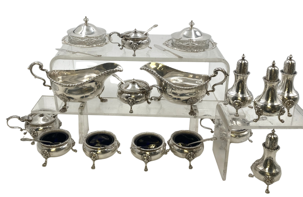 Garrard Sterling Silver Dinner Suite of Salts, Pots, Sauce Boats Kings Pattern