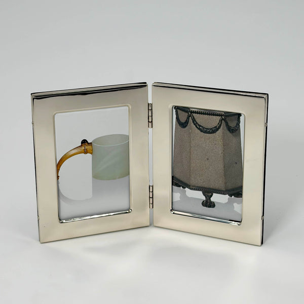 Del Conte Sterling Silver Double Picture Frame with Wood Back New In Box