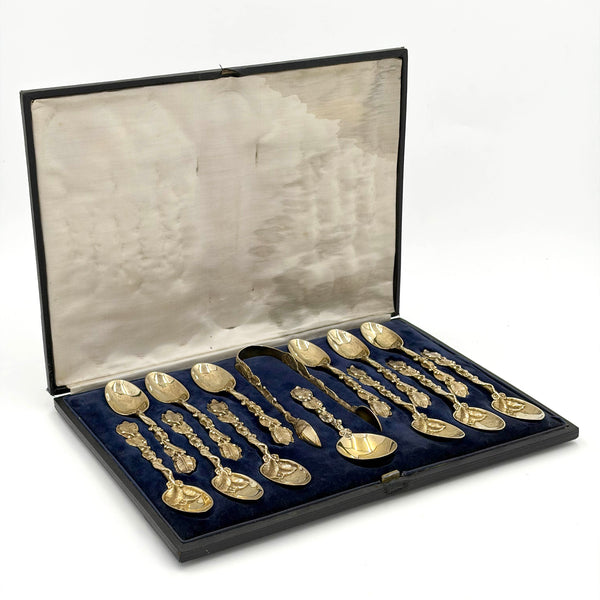 Francis Higgins English 1865 Gilt Sterling Silver Spoons and Tongs with Leaves