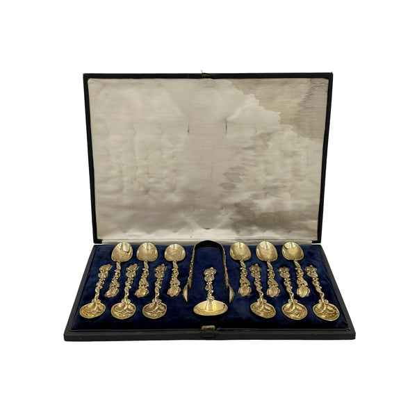 Francis Higgins English 1865 Gilt Sterling Silver Spoons and Tongs with Leaves
