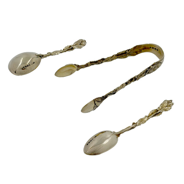 Francis Higgins English 1865 Gilt Sterling Silver Spoons and Tongs with Leaves