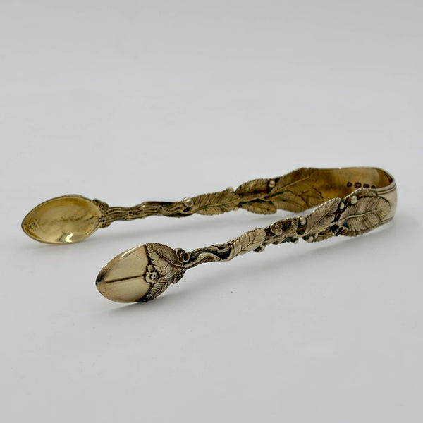 Francis Higgins English 1865 Gilt Sterling Silver Spoons and Tongs with Leaves