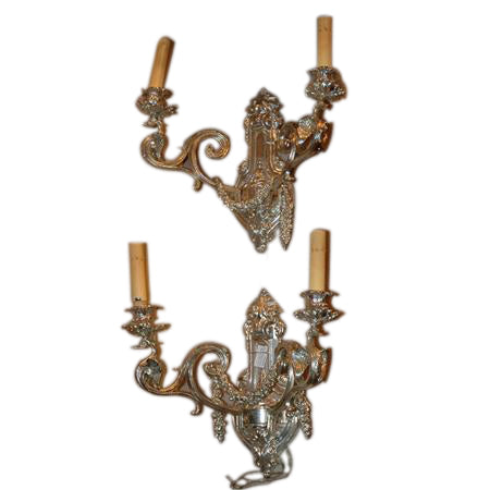 Pair of Louis XVI Style Silver Plated Two-Light Sconces
