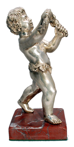 Continental Silver Sculpture of Cherub with Garland of Flowers on Marble Base