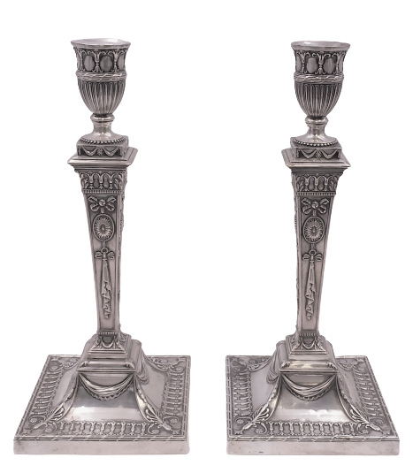 Pair of English Sterling Silver Repousse Candlesticks