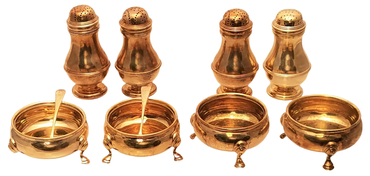 Set of 8 Comyns Gilt English Sterling Silver Shakers and Condiment Dishes from 1927 in Georgian Style