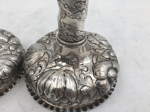 Pair of Sterling Silver Candlesticks in Repousse Pattern